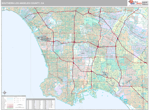 Southern Los Angeles County, CA Metro Area Wall Map